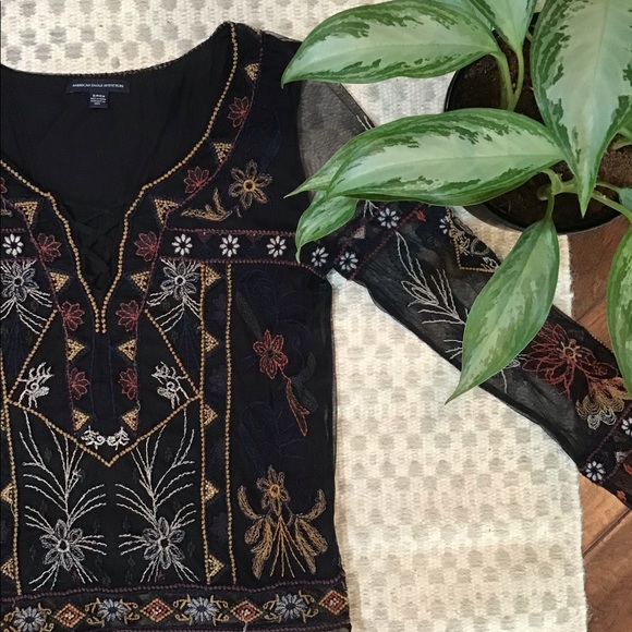 EARTHBOUND Tops - Desert Dreams Black Floral Embroidered Boho Top